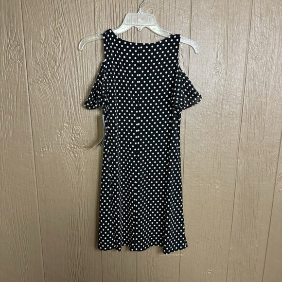 MSK Polka Dotted Chiffon Cold-Shoulder Black White Dress Petite Size PM V Neck - Picture 7 of 7